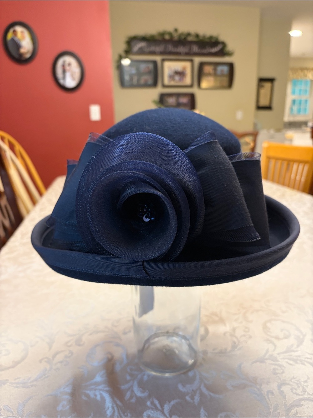 Women's Navy Flower Accent Dress Hat - Classic Formal Accessory